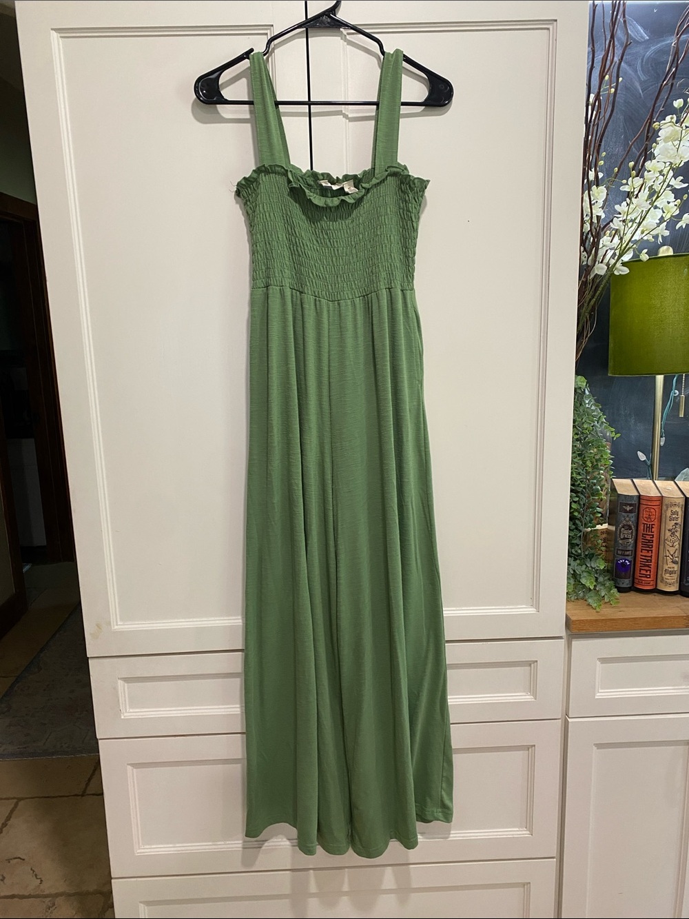 Roxy Olive Green Smocked Maxi Jumpsuit